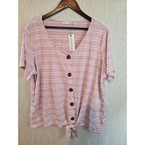 Notations Woman Pink Stripe Button-Front Tie-Hem Knit Top Size 2X